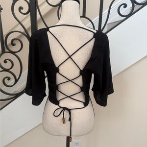 Shore Chic Black Smocked Women's Blouse with crisscross open back!